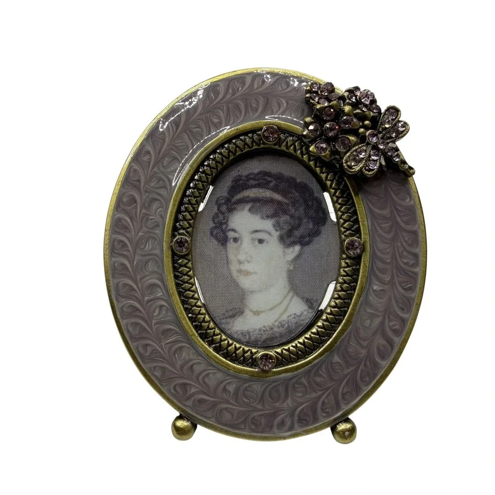 Two's Company Oval Picture Frame Purple Enamel Gold Tone Rhinestone Butterfly